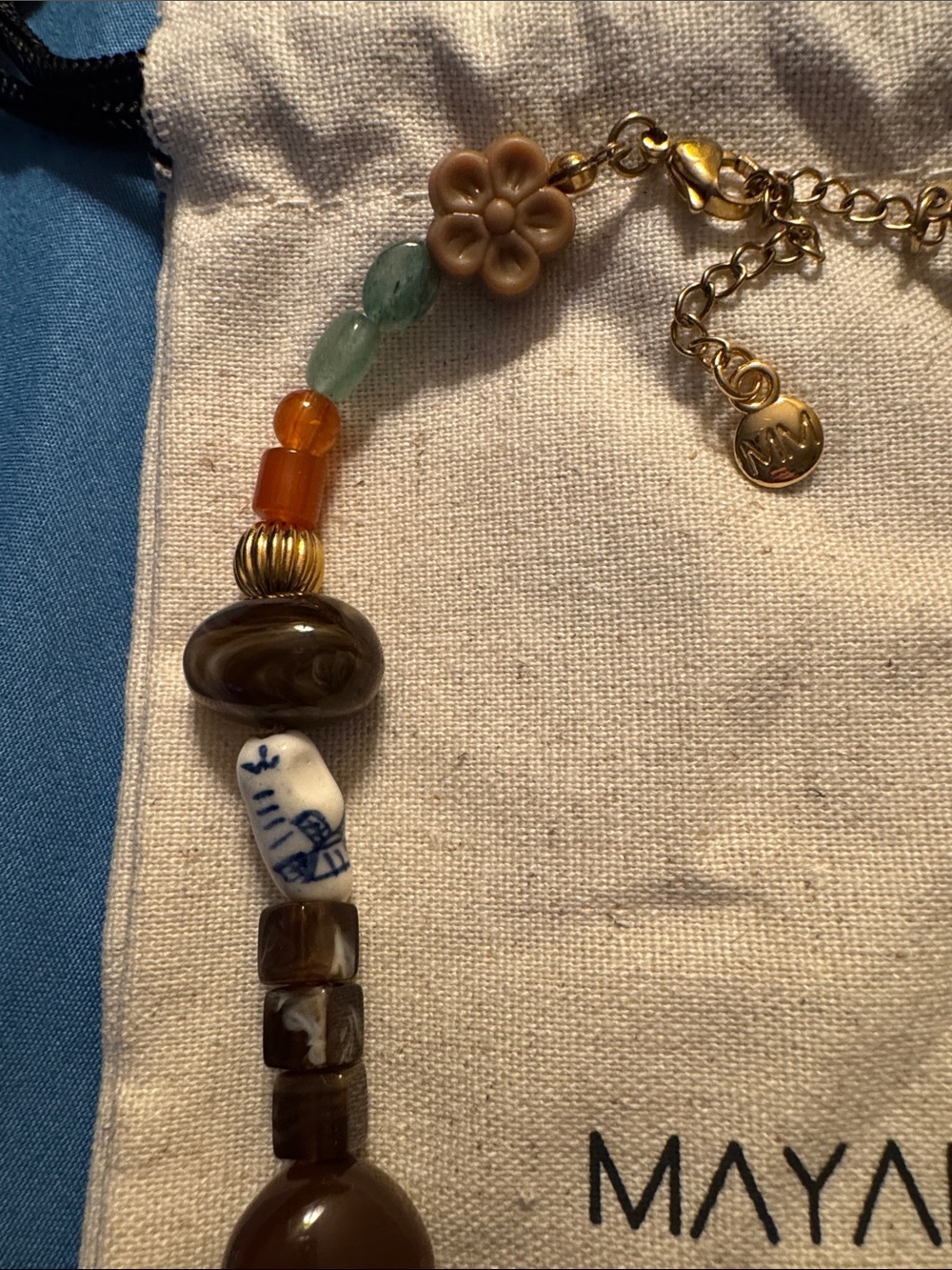 Mayamar Brown & Green Beaded Necklace with Gold Accents - Picture 3 of 4